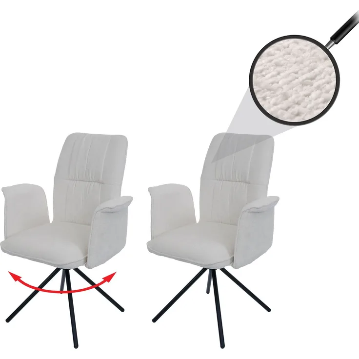 2er-Set Esszimmerstuhl HWC-N99, drehbar Armlehne Auto-Return, Stoff/Textil Chenille (340g/m²) ~ creme