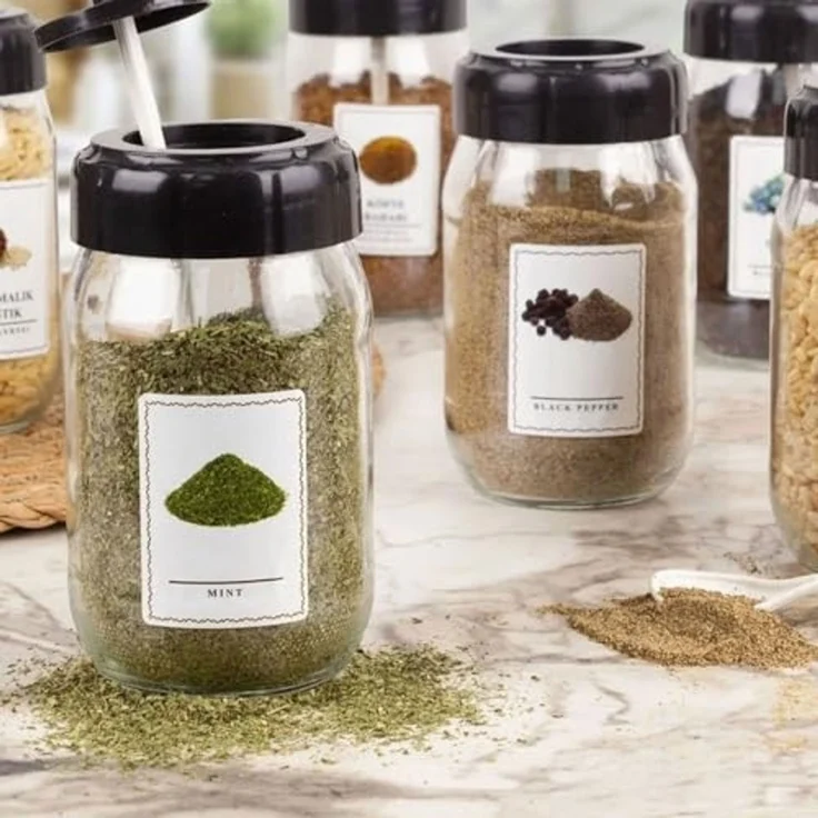 Jungengel Gewürzbehälter Gewürzdosen Set Glas 12-Teilig 330ml Gewürzgläser inkl. 12x Löffel, Glas mit Kunstoff-Deckel & Löffel (BPA-Frei), (12-tlg, 12 Gewürzgläser, jeweils mit einem speziellen Löffel), Transparentes Glas, Spülmaschinenkomform, Lebensm... – Bild 7