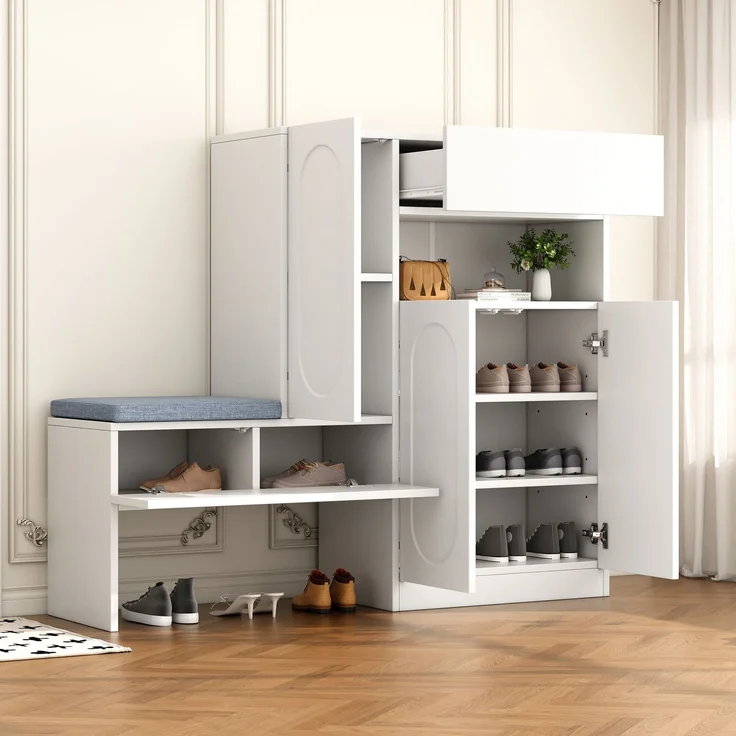 Trendiger 2-in-1 Schuhschrank mit gewölbten Türen – Klapptür mit Soft-Close-Funktion, höhenverstellbaren Fächern und gepolsterter Sitzbank,Weiß,130×35×110cm – Bild 1
