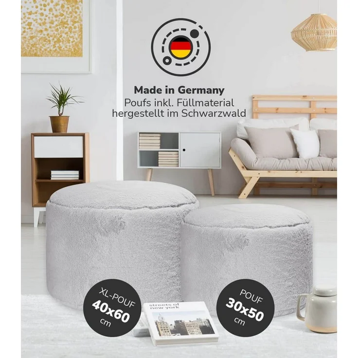 mokebo Pouf Der Flauschige (rund und aus Kunstfell), kuscheliger Sitz-Hocker, Fußhocker oder Hocker in Felloptik in Grau – Bild 3