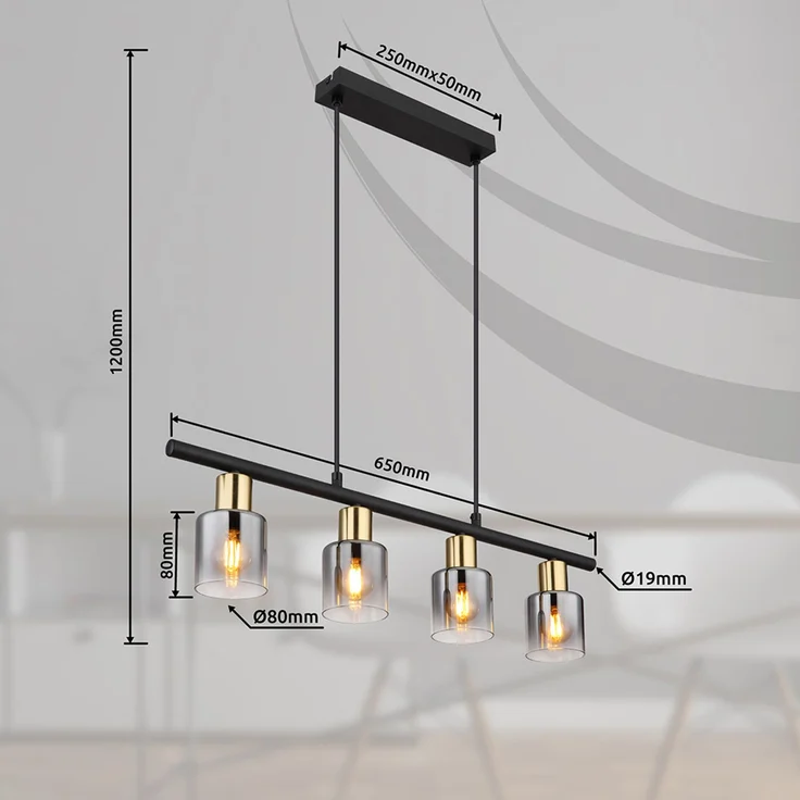 LED Pendelleuchte, Metall, Gold, Glas Rauchfarbe, L 65 cm – Bild 8