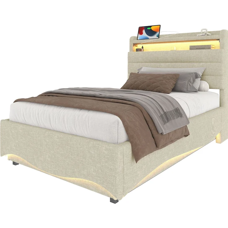 EINHOM Polsterbett, 90x200 cm, ohne Matratze, mit LED-Beleuchtung, mit Hydraulikmechanismus, mit USB- und Typ-C-Anschlüssen, Ablagefach, Ablagen für Gegenstände, Leinenstoff, Beige (Ohne Matratze) – Bild 7