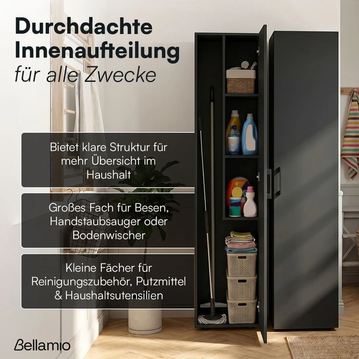 Bellamio 'Apol' Mehrzweckschrank schmal, schwarz, 176x33x40 cm, Besenschrank mit Staubsaugerfach und 3 kleinen Fächern – Bild 2