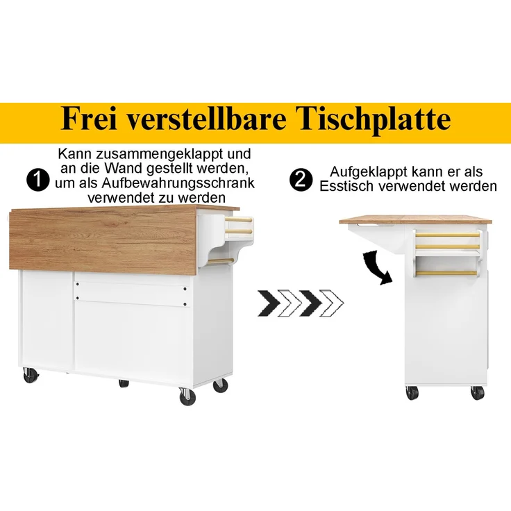 Kücheninsel aus MDF mit klappbarer Tischplatte, 110x45/75x92 cm, Weiß – Bild 6