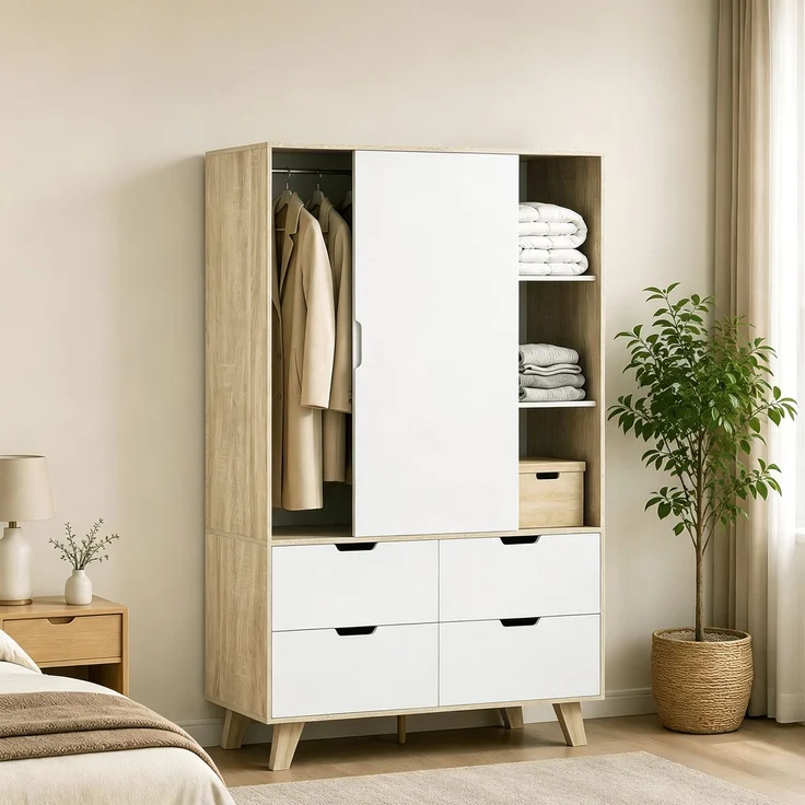 HOMCOM Kleiderschrank, MDF, Kiefernholz, Eiche+Weiß, 120 x 50 x 187,5 cm – Bild 2