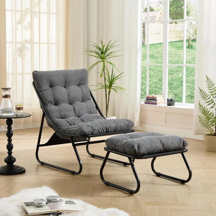 LVHOM Sessel mit Hocker, Gepolsterter Loungesessel aus Cord mit Metallgestell, ergonomischer Relaxsessel für Wohnzimmer und Schlafzimmer, Grau – Bild 1