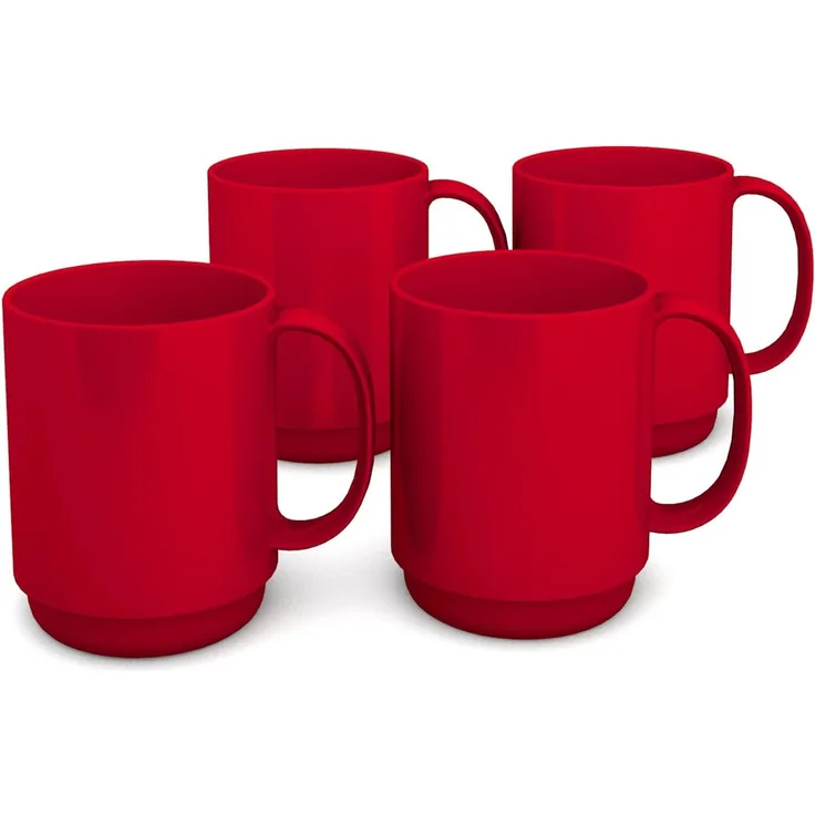 Ornamin Becher 300 ml rot, 4er Set hochwertiger, stabiler Kaffeebecher aus Kunststoff mit Henkel robustes Alltags-Geschirr für Kinder, Camping, Picknick, Gemeinschaftsverpflegung, Großküchen, Institutionen Kaffeetasse, Mehrweg-Becher, Teetasse