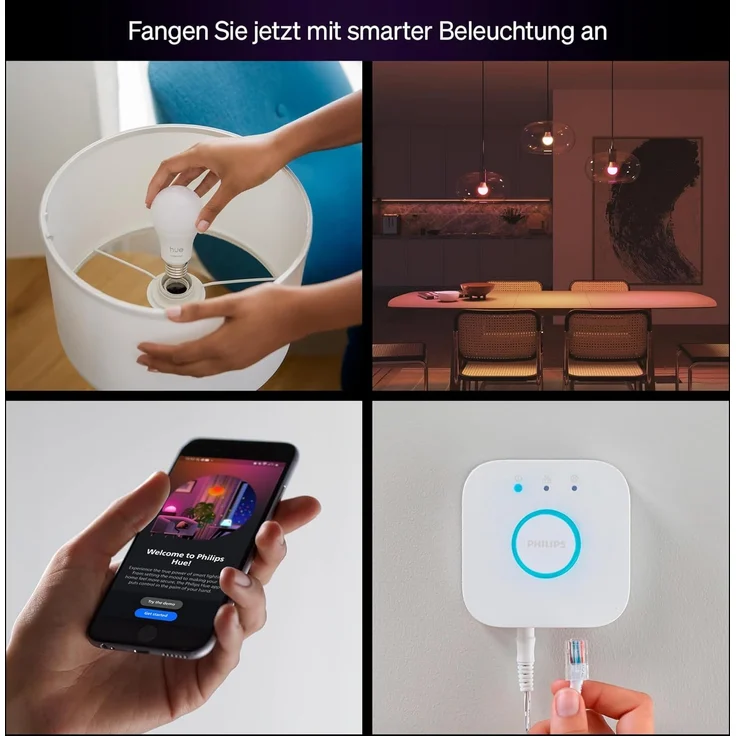Philips Hue Essential Starter-Set: Bridge + 4 Essential E27 Smart Leuchtmittel, White und Color Ambiance, 2200-6500K, dimmbar, funktioniert mit Alexa, Google Assistant, Samsung SmartThings, Apple Home – Bild 2