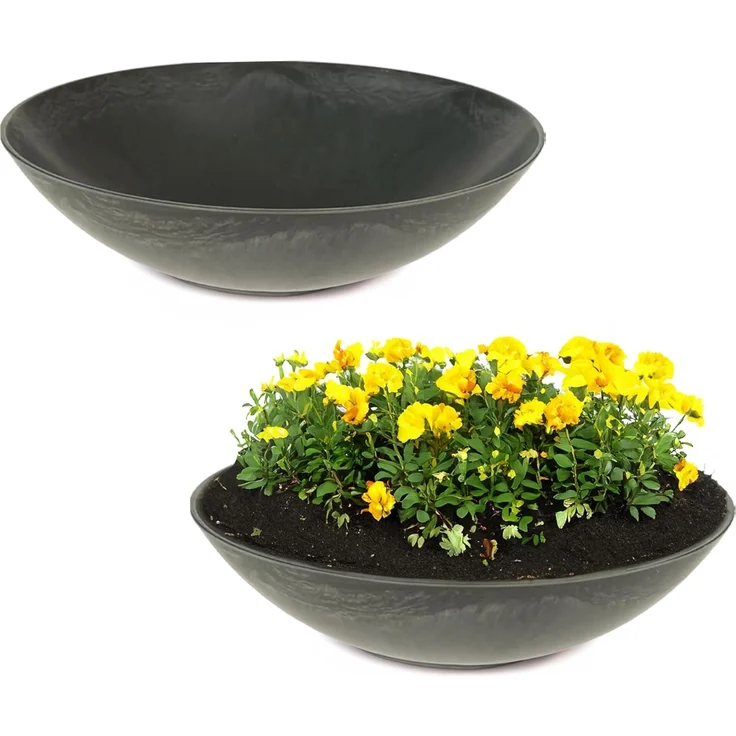 matches21 HOME & HOBBY Blumentopf Flache Pflanzschalen für draussen Dekoschalen rund schwarz 35 cm (2 St), Blumen-Schale als wetterfeste Friedhof-Schale Grab-Schmuck Grabschale