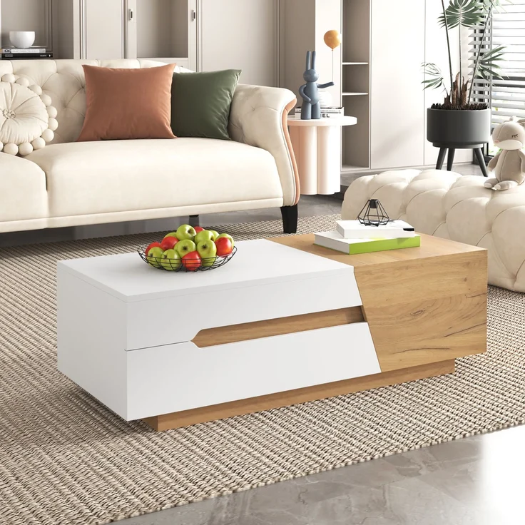 Couchtisch verschiebbar mit Stauraum 120x50 cm MDF Modern Wohnzimmer Tisch Weiß+Holzfarbe – Bild 2