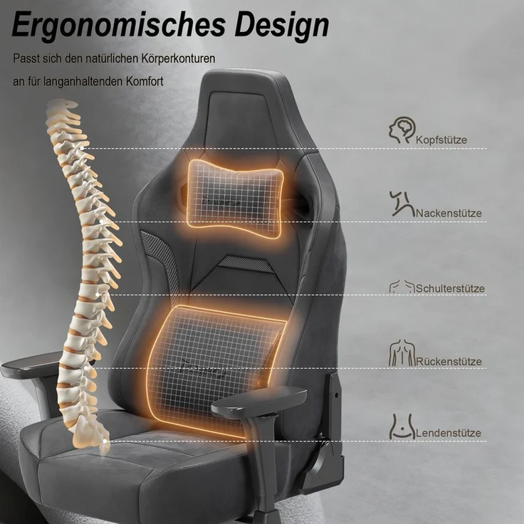 Devoko Gaming-Stuhl Luxuriöser Wildlederimitat,Ergonomisch & Großzügigem Sitz,Bürostuhl, Verstellbare Rückenlehne 90°–135°,3D-verstellbare Armlehnen – Bild 3