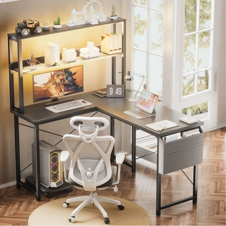 BBWL Computertisch mit LED-Beleuchtung 110 x 80 x 75 cm, Schreibtisch mit 2 Ablagen, PC-Halter, Stofftasche & 2 Montagemöglichkeiten – Bild 1