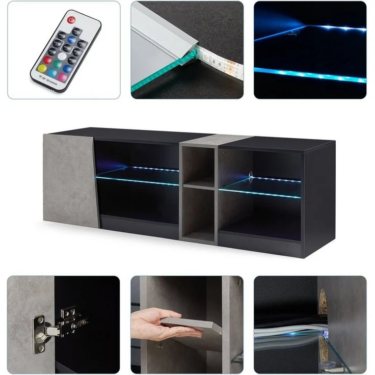 Mondeer Lowboard LED TV-Schrank, Breite 140cm mit 5 offenen Fächern und 1 Tür, Schwarz und Grau – Bild 3