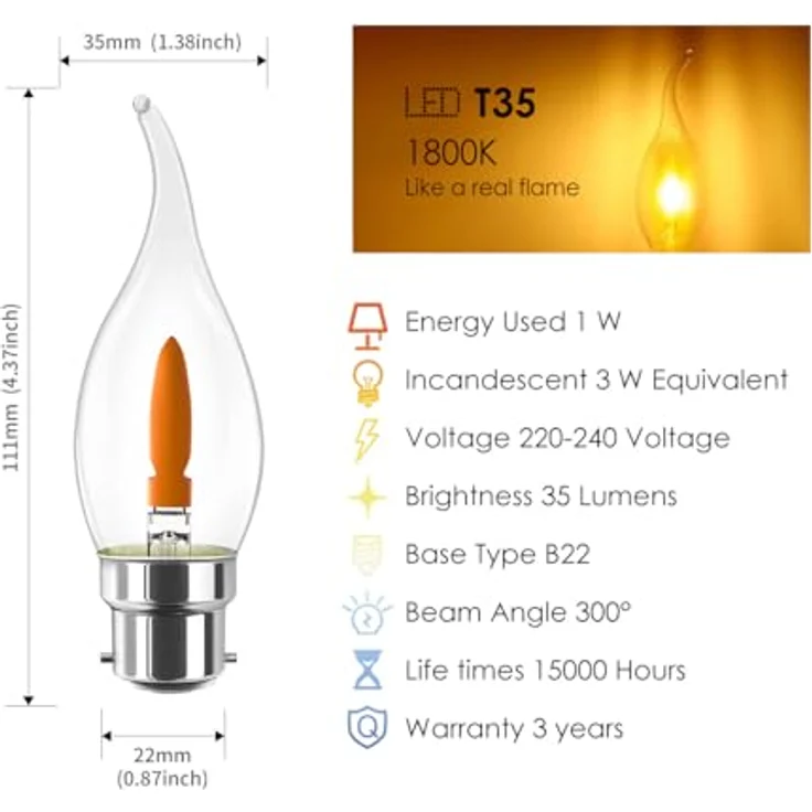 LVWIT B22 Flackernde Glühbirne Warmweiss Flammeneffekt Licht T35, Flammenlampe 1W LED Fadenlampe Stimmungslicht Flackerlampe für Zuhause Garten Bar Halloween Weihnachten, 1800K, 6er Pack – Bild 3