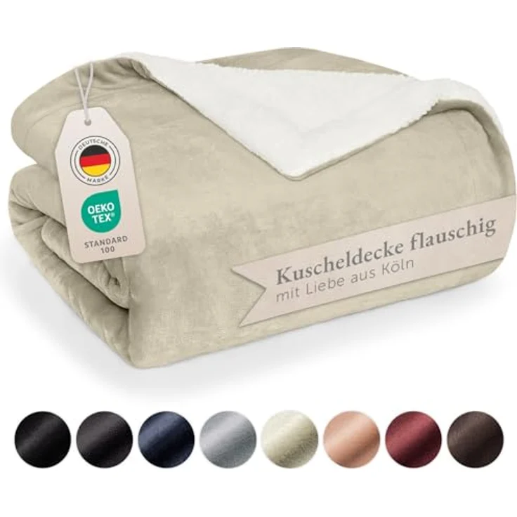 Blumtal Premium Sherpa Kuscheldecke 150x200 cm - warme Decke Oeko-TEX® zertifizierte Dicke Sofadecke, Tagesdecke oder Wohnzimmerdecke, Sand
