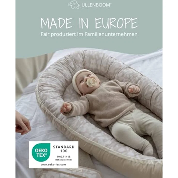 ULLENBOOM Babynest – OEKO-TEX Materialien, Made in EU – Babynestchen Neugeborene, Kuschelnest Baby, tragbares Reisebett, gepolstert & waschbar (55x95 cm) – Bild 6