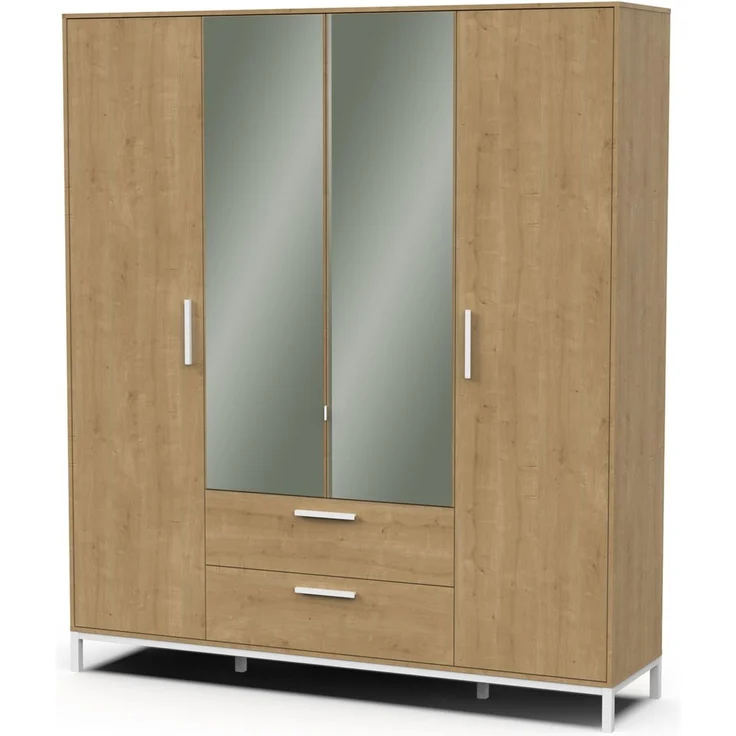 Calicosy Kleiderschrank 4 Drehtüren, 2 Spiegel und 2 Schubladen Eiche- und Weißdekor matt H220 cm - CRAFT - Helles Holz – Bild 4