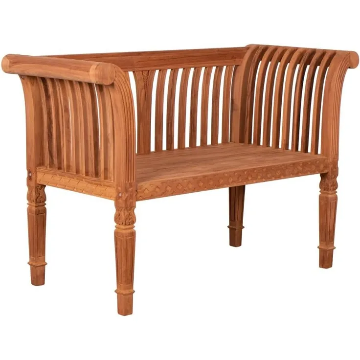MR. DEKO Gartenbank Newport – Teakholz Bank 120 cm, geschnitzt, mediterran (2-Sitzer Bank, zerlegt geliefert, ideal für Terrasse, 1-St), Massive Sitzbank Garten und Balkon, 250 kg belastbar