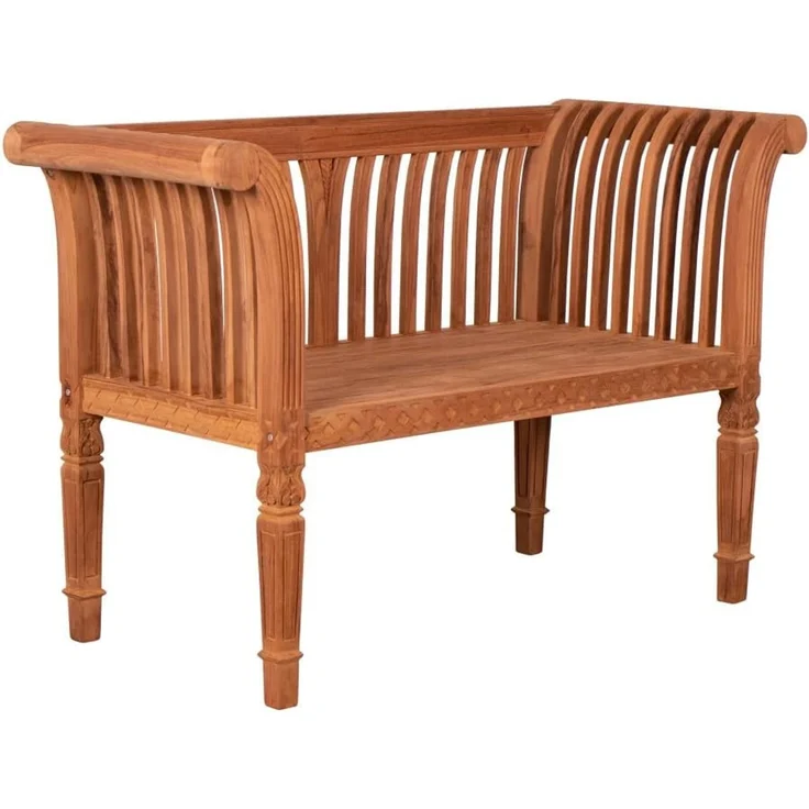 MR. DEKO Gartenbank Newport – Teakholz Bank 120 cm, geschnitzt, mediterran (2-Sitzer Bank, zerlegt geliefert, ideal für Terrasse, 1-St), Massive Sitzbank Garten und Balkon, 250 kg belastbar – Bild 1