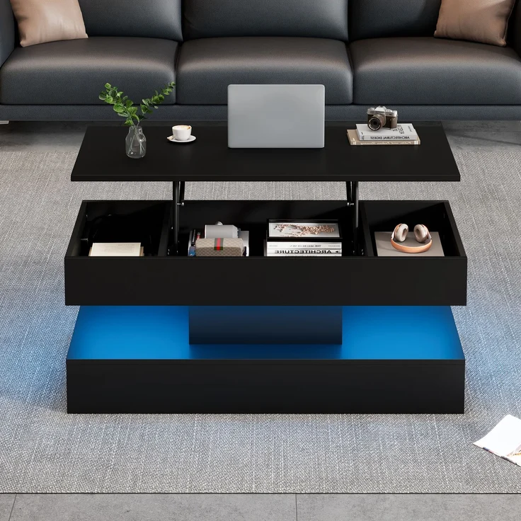 Höhenverstellbarer Couchtisch mit LED-App-Steuerung, verstecktem Stauraum und EU-Steckdosen, 100×50×42 cm, modern schwarz – Bild 2