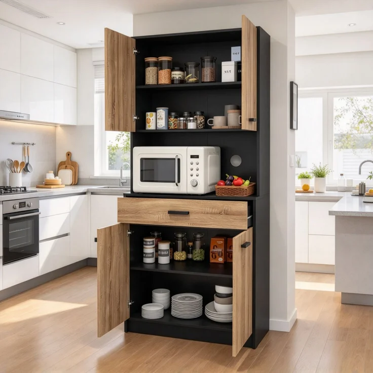 Küchenbuffet 80x40x180 cm im Industrial-Stil, 4 Türen, Schublade und Kabeldurchführungen – Bild 2