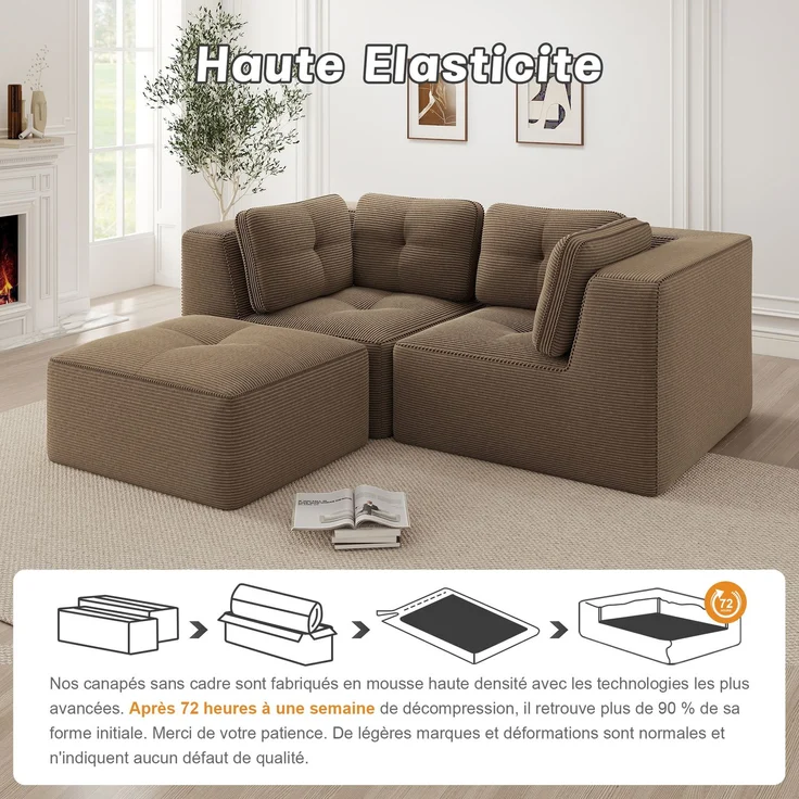 U-förmiges Sofa mit 1 Fußhocker mit Cordbezug und beweglicher Fußauflage, rahmenfreie Lounge-Couch mit breiten Armlehnen ohne Montage, Braun – Bild 4