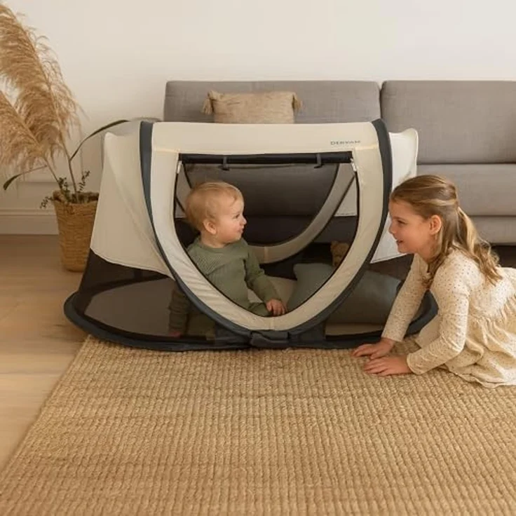 Deryan Scott Baby & Kinder Reisebett mit Matratze - ab Geburt bis 3 Jahre, Pop Up Kleinkindbett Babyzelt in 2 Sekunden aufgestellt, inkl. Moskitonetz & Reisetasche, Schnell & Kompakt Faltbar, Creme – Bild 3