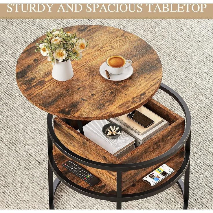YITAHOME Couchtisch Rund mit Hebeplatte, Wohnzimmertisch mit Stauraum 60 x 60 x 47 cm, Couchtisch rund mit Stauraum für Home Office, Couchtisch Höhenverstellbar Couch Tisch Wohnzimmer – Bild 3
