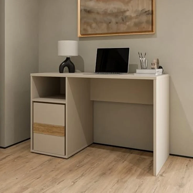 Forte WEXLIN Schreibtisch 120, moderner Schreibtisch mit Stauraumfach und Schranktür, Kinder- und Jugendzimmer, Kaschmir|Beige|Mauvella Eiche Holzdekor, 119,7 cm breit x 75,7 cm hoch x 50,2 cm tief – Bild 2