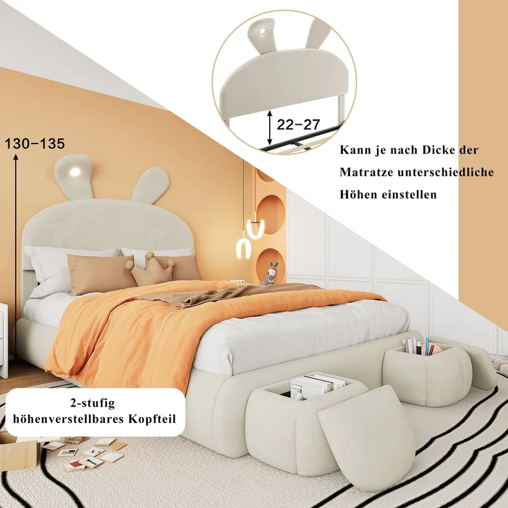Polsterbett 140×200 cm mit Hasenohren-Design, LED-Licht, hydraulischem Stauraum & 2 runden Aufbewahrungshockern aus Samt – Bild 4