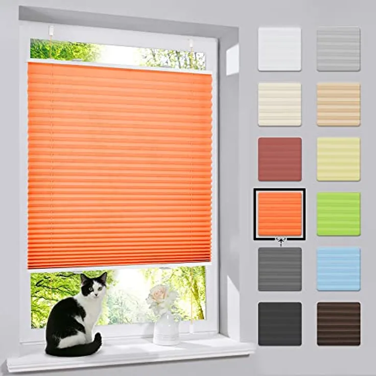 bobodeco Plissee Klemmfix Faltrollo Jalousie Orange 50x130cm, Sichtschutz und Sonnenschutz, lichtdurchlässig und blickdicht, ohne Bohren, für Fenster & Tür