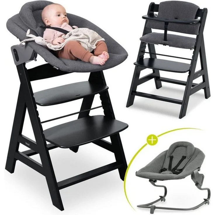 Hauck Tischsitz Alpha Plus Black Newborn Set Premium, Holz Babystuhl ab Geburt inkl. Aufsatz für Neugeborene & Sitzauflage – Bild 4