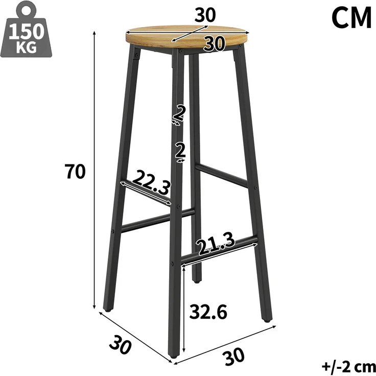 2-Set Barhocker mit Holzoptik-Sitz, 70cm, belastbar bis 150kg pro Hocker, mit zwei Fußstützen & verstellbaren Füßen, schwarzer Metallrahmen--Schwarz--30x30x70cm--YOUDENOVA – Bild 5