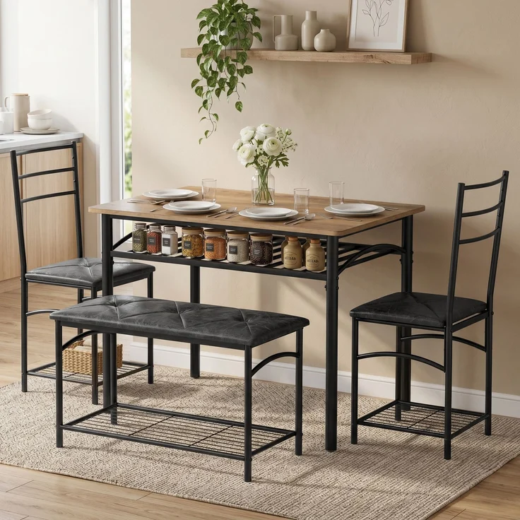 MELAYR, 4-teiliges Essgruppen-Set, 100 x 60 x 76.3 cm, Rustikal-Braun – Bild 3