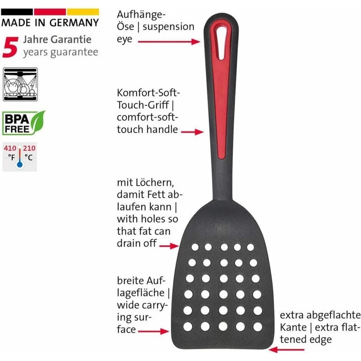 Westmark Pfannenwender, Breite Auflagefläche und speziell abgeflachte Kante, Kunststoff, Gallant, Schwarz/Rot, 29372270, 310 x 93 x 35 mm – Bild 3