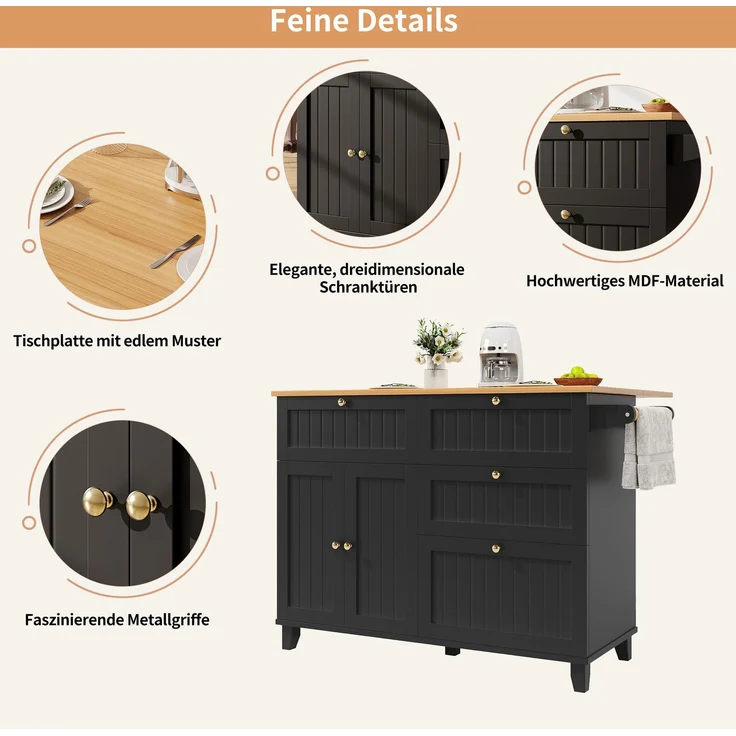 Abrihome Küchenwagen mit Stauraum und Rollen, Schwarz, 88x70x133 cm – Bild 8
