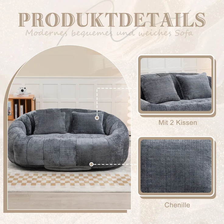 Sitzsack Sofa Lounger Chenille Grau, 150x95x63 cm, bis 150 kg – Bild 6