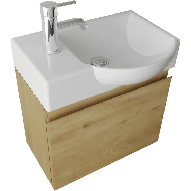 Alpenberger Badmöbel-Set - Gäste WC Waschbecken mit Unterschrank 45 cm Breit, (Badschrank 2-tlg, Waschtisch hängend), Waschbeckenunterschrank mit Softclose - Eiche Natur - Rechts Becken – Bild 1