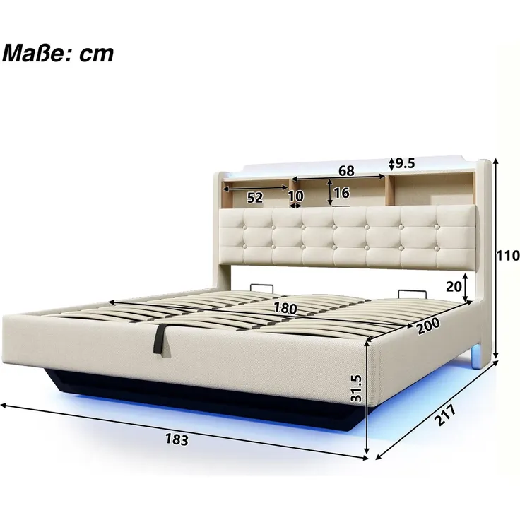 Polsterbett mit LED-Streifen, Type-C, USB und Stauraum, in schwebender Optik, gepolsterter Kopfteil, 180x200 cm, Doppelbett, Stauraumbett, Leinen – Bild 7