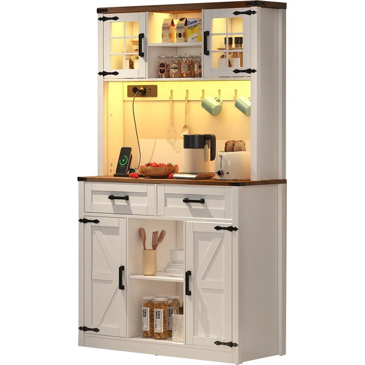 ZUBALIYA Buffetschrank 100x40x172 cm, mit LED-Beleuchtung, mit Steckdosen, mit verstellbaren Einlegeböden, aus MDF, Braun / Weiß – Bild 20