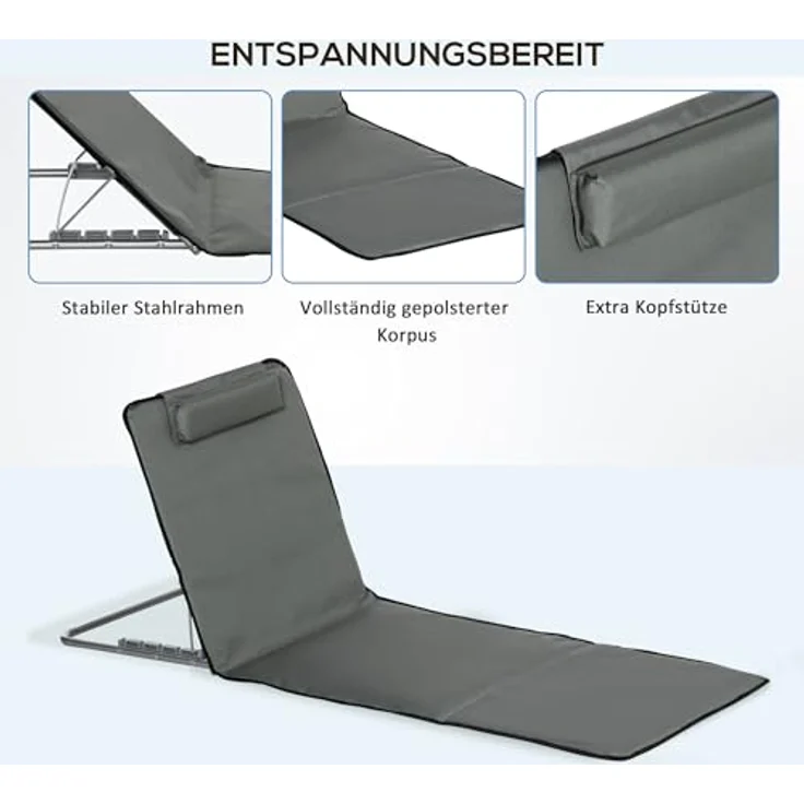 Outsunny Strandmatte 2er Set, Faltbare Strandliege mit Kopfkissen, 5-stufig höhenverstellbare Strandmatratze, Grau, inkl. Tragetasche und Stahlrahmen – Bild 6