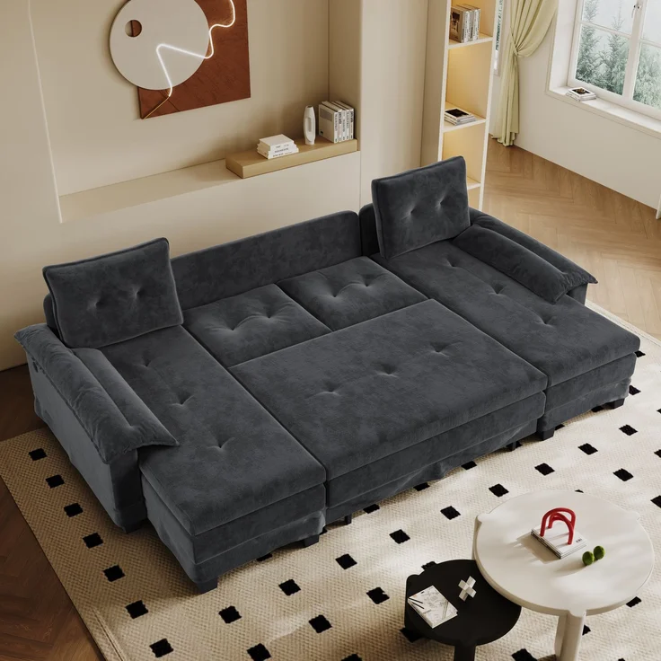 Wohnora-278 cm U-förmiges Schlafsofa, Convertible Sectional Couch with Pull-Out Bed, mit USB-Ladefunktion, abnehmbaren Armlehnkissen, Extragroßes, modulares Design, modernes Wohnzimmer-Sofa, graul,H 87cm x T 278cm x B 127cm,Grau – Bild 4