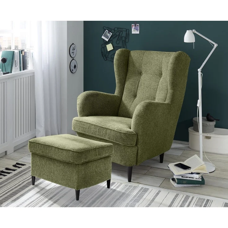 Fußhocker >OSKAR< in olive, Stoffbezug, weich, 100% Polyester - 63x43x42 (BxHxT) – Bild 2