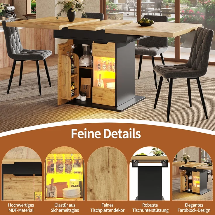 Esstisch Teleskoptisch(110-140×80cm), klappbarer Küchentisch für 4-6 Personen, Ausziehbarer Esstisch ,platzsparender Küchentisch, Tisch mit LED-Beleuchtung und Snackablage Schranktüren – Bild 5