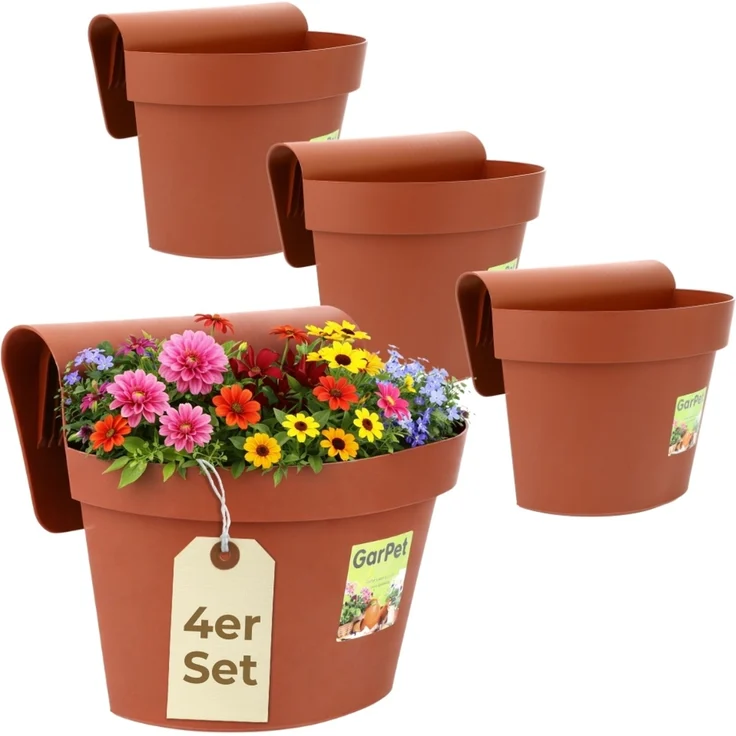 4er Set Geländertopf Balkon mit Wasserspeicher Blumentopf Zaun Blumenkasten Geländer Geländerkasten Balkontopf Balkonkasten Balkon Blumenkasten Geländer Terracotta – Bild 1