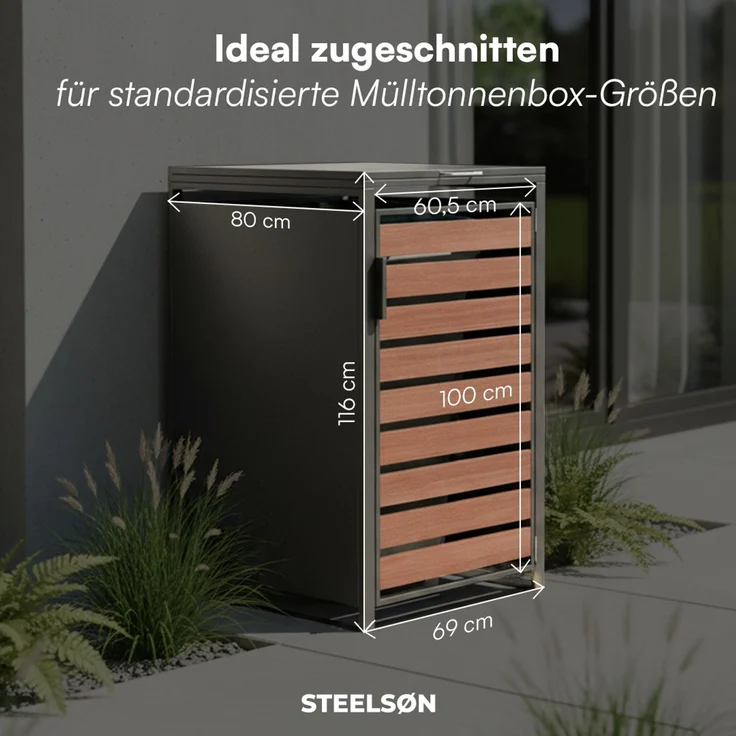 STEELSØN 'Kestra' Mülltonnenbox 1er 240 Liter, graphitschwarz mit Nußbaum-Holzoptik, Mülltonnenverkleidung aus Stahl, wetterfest, 116x80x69 cm, Müllbox für 1 Tonne – Bild 6