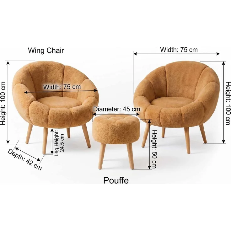 Hanah Home 'Lida Wellsoft - Brown' Ohrensessel- und Hocker-Set (3-teilig), Braun, 75 x 100 x 42 cm – Bild 3