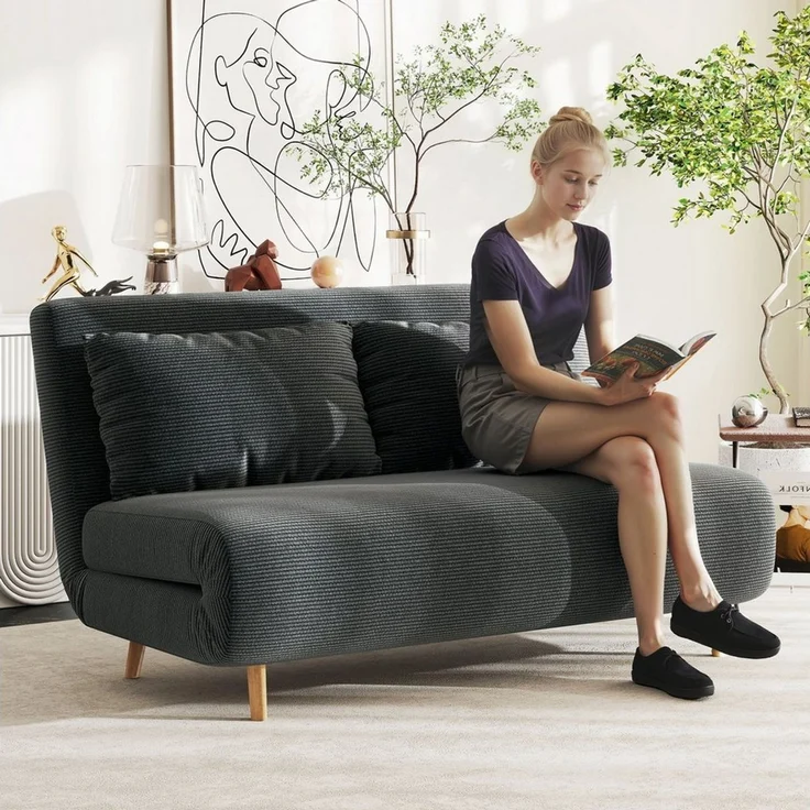 HOMCOM Schlafsofa 2-Sitzer-Sofa mit Bettfunktion, 2 Kissen, Polstersofa 1 Teile, für Wohnzimmer, Schlafzimmer, Dunkelgrau – Bild 5