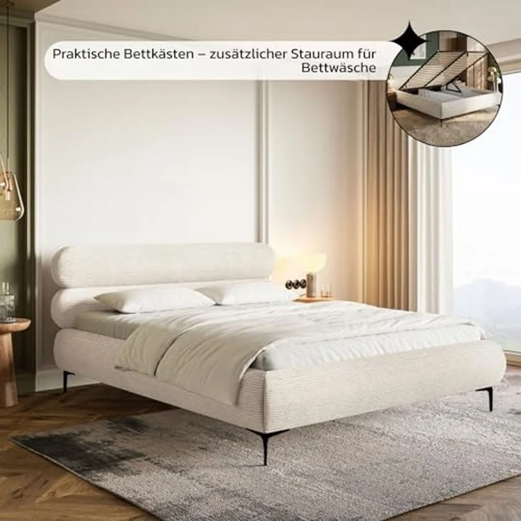 Selsey Polsterbett 180x200 cm Cord Hellbeige – Bett mit Stauraum und Bettkasten, gepolstertes Bett mit Lattenrost und Metallrahmen, Doppelbett Schlafzimmer mit schwarzen Füßen und Gasdruckfedern – Bild 7