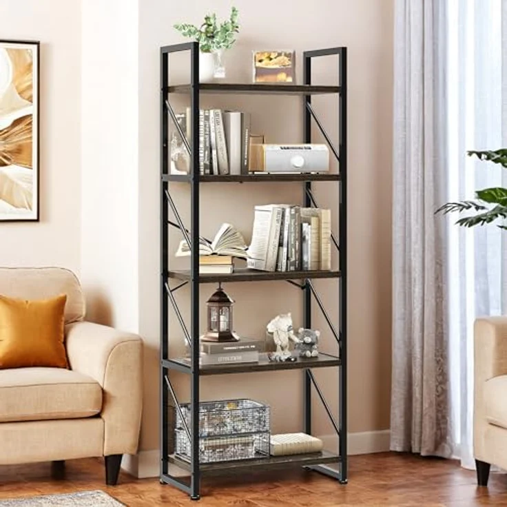 YITAHOME Bücherregal, Standregal mit 5 Ebenen, Hohes Lagerregal mit Metallrahmen, Industrielles Ausstellungsregal, Regaleinheiten, für Wohnzimmer, Schlafzimmer, Homeoffice, Küche, Grau Regal – Bild 4